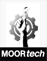 A toned black and white picture of hand holding a spanner with a stylised cog in the background and the word Moortech in white on a black background